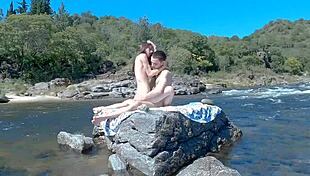 Hot couple risks it all fucking on crowded beach then bus with massive double cumshots