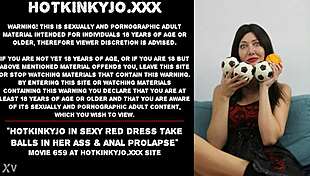 hotkinkyjo stuffs balls deep in ass wearing sexy red dress with prolapse