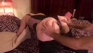 French slut fucked doggystyle ass to mouth bent over in satin purple panties heels stockings spanking