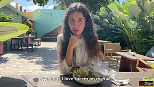 Cum-Faced Girl Eats Lunch Public Cafe Cumwalk!