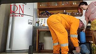 cheatin' housewife plumber bangs while cuck hubby's watchin' kitchen