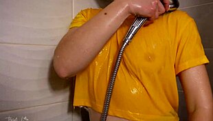 Horny milf soaks control top pantyhose in steamy shower tease