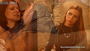 Lesbian slaves bound tight await their mistress's teasing whip strokes