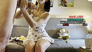 Skinny brunette teases huge cock in kitchen, strokes without letting him cum