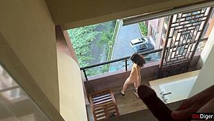 Katty West Fingers Horny Pussy on Balcony as Pervert Neighbor Peeps for Anal Quickie