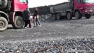 Petite Blonde Hottie Takes Public Threesome Fuck from Two Guys at Construction Site