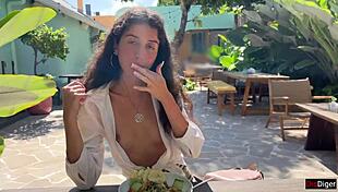 Cum-Faced Girl Eats Lunch Public Cafe Cumwalk!