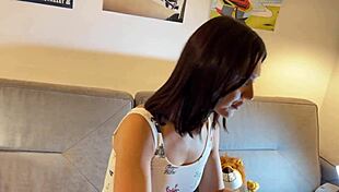 Skinny brunette teases huge cock in kitchen, strokes without letting him cum