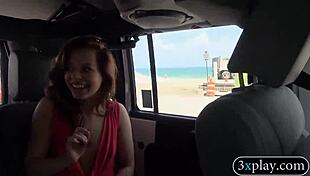 sexy brunette flashes huge tits then gets pounded hard in public car for cash reality style