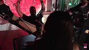 a kinky brunette binds guy then rides his cock and strapon in latex cosplay