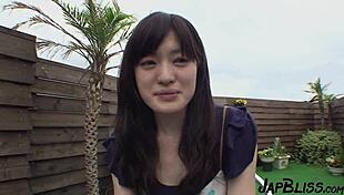 Shy college uniform slut blows cocks wildly on crowded balcony