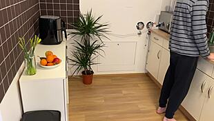 horny chubby stepmom in pantyhose bends over for stepson handjob and doggystyle cumshot