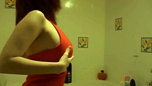 She shaves her smooth pussy then fingers it wildly in the bathroom