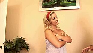 lizzie tucker bends over bed fingering shaved pussy in fishnets heels