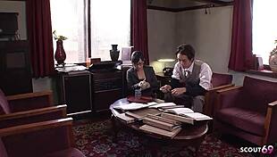 japanese secretary in glasses tempts old boss with sloppy deepthroat titjob and cum swallow at work