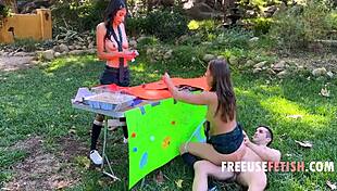 A bookish teen in uniform joins outdoor freeuse threesome bent over doggystyle dancing