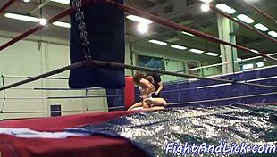 european muscular lesbians wrestle dominate in boxing ring