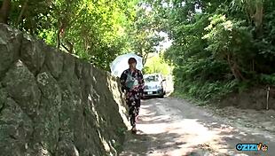 cosplay angel in kimono gives tender titty fuck on bed