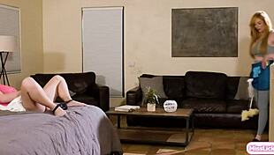 petite teen maid licks big tits milf's pussy in lesbian housemaid session