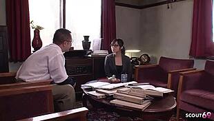 japanese secretary in glasses tempts old boss with sloppy deepthroat titjob and cum swallow at work