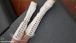 Milf's perfect ass shines in fishnets high heels and sexy boots tease