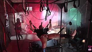 a kinky brunette binds guy then rides his cock and strapon in latex cosplay