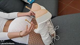 Milf's perfect ass shines in fishnets high heels and sexy boots tease