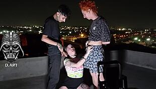 Young Brunette Girl Services Two Monster Cocks on Sunny Rooftop Bareback