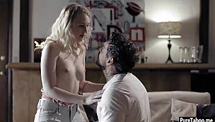 Nervous tiny blonde teen loses virginity to older guy's monster cock on camera