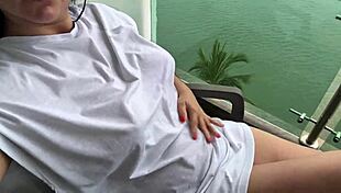 naughty stepdaughter rubs her big natural tits and pussy seaside chasing real orgasm.