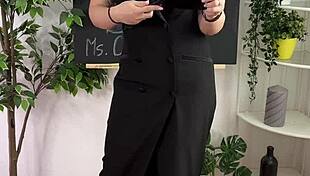 curvy teacher in glasses and heels teases bdsm lingerie look