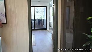 stepcousin sneaks into bathroom for big cock welcome fuck ride