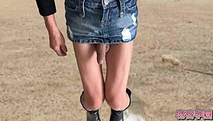 Miniskirt boots slut climaxes hard on outdoor anal vibrator