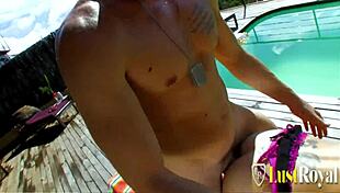 brunette teen takes hard anal pounding doggystyle by pool