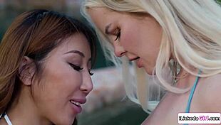 Blonde stepmom, let your Asian stepdaughter lick that big tits ass!