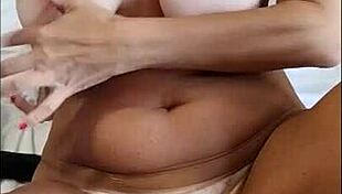 Old lady massages shaved pussy and natural tits to real orgasm closeup