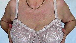 busty granny mariaold swaps beige lingerie for minty tease reveal