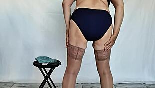 busty granny mariaold swaps beige lingerie for minty tease reveal