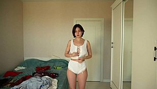 skinny brunette teen tries on tight skirts miniskirts dresses showing off big natural tits pussy cameltoe and tattoos homemade 😍👗