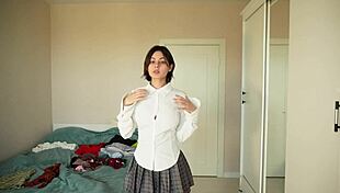 skinny brunette teen tries on tight skirts miniskirts dresses showing off big natural tits pussy cameltoe and tattoos homemade 😍👗