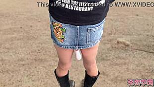 Miniskirt boots slut climaxes hard on outdoor anal vibrator