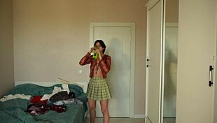 skinny brunette teen tries on tight skirts miniskirts dresses showing off big natural tits pussy cameltoe and tattoos homemade 😍👗