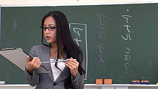Skinny Japanese Nympho Teacher Seduces Students for Double Creampie in Classroom