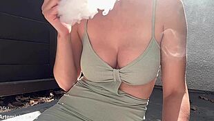 big nipple milf smokes outdoors in public european fetish slow motion tit show