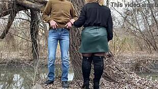 mother-in-law grabs my dick tight while i pee outside in the woods ughh