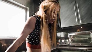 geek girl sneaks lesbian fun with roomies petite girlfriend in kitchen