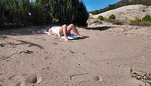 hey stranger spots me flashing hairy milf pussy on nudist beach pov