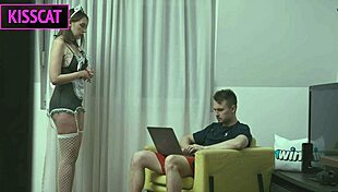 whoa busty maid blows huge cock then creampie doggy on first day