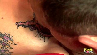 skinny blonde flashes pussy tattoo before riding cowgirl to creampie on red sofa