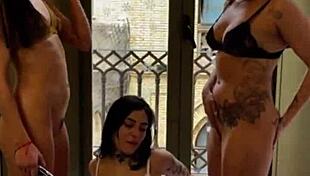 lesbian brunettes squirt dildo masturbation threesome faces